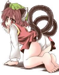 Rule 34 | 1girl, animal ears, ass, cat ears, cat tail, chen, fang, hat, looking at viewer, multiple tails, mumumu, nekomata, panties, simple background, solo, tail, touhou, two tails, underwear, white background