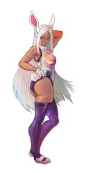 Rule 34 | 1girl, absurdres, animal ears, arm behind head, ass, bare shoulders, boku no hero academia, breasts, clothing cutout, crescent print, dark-skinned female, dark skin, from side, fujimokou, full body, fur collar, gloves, hand on own hip, highleg, highleg leotard, highres, large breasts, leotard, long eyelashes, long hair, looking at viewer, mirko, parted bangs, purple thighhighs, rabbit ears, rabbit girl, rabbit tail, red eyes, sleeveless turtleneck leotard, solo, tail, tail through clothes, taut leotard, thighhighs, thighs, toned, very long hair, white background, white gloves, white hair, white leotard