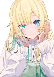 Rule 34 | 1girl, aizawa ema, blonde hair, blue eyes, blue nails, dress, gradient hair, green hair, hands on own face, highres, long hair, multicolored hair, simple background, smile, solo, sui. (suikun), upper body, virtual youtuber, vspo!, white background, white dress