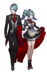 Rule 34 | 1boy, 1girl, aqua hair, arm belt, belt, black footwear, black gloves, chain, closed mouth, dress, drill hair, gloves, highres, holding, holding plate, loalo, maid, maid headdress, necktie, original, plate, pointy ears, red eyes, red neckwear, short hair, simple background, standing, teapot, thigh strap, white background
