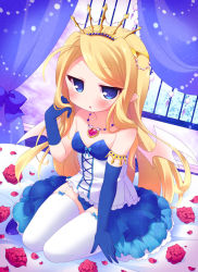 Rule 34 | 1girl, bad id, bad pixiv id, bare shoulders, blonde hair, blue eyes, blush, curtains, dress, elbow gloves, garter straps, gloves, heart, heart necklace, long hair, necklace, original, pointy ears, ringo yuyu, single elbow glove, single glove, sitting, solo, thighhighs, tiara, white thighhighs, wings