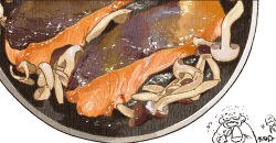 Rule 34 | 1boy, 1girl, fish (food), food, food focus, kawanabe, meat, mushroom, original, plate, salmon, white background