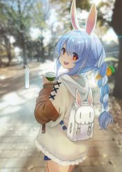 Rule 34 | 1girl, absurdres, alternate costume, animal ears, backpack, bag, blue hair, blurry, blurry background, braid, brown hoodie, carrot hair ornament, casual, coffee cup, commentary, cowboy shot, cup, day, disposable cup, don-chan (usada pekora), drink, food-themed hair ornament, hair between eyes, hair ornament, hair ribbon, harada isuka, highres, holding, holding drink, hololive, hood, hoodie, light blue hair, long hair, long sleeves, looking at viewer, looking back, multicolored hair, open mouth, outdoors, rabbit ears, rabbit girl, red eyes, ribbon, smile, solo, symbol-shaped pupils, thick eyebrows, tress ribbon, twin braids, twintails, two-tone hair, usada pekora, virtual youtuber, white hair
