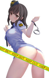 Rule 34 | 1girl, absurdres, ass, blue hat, blue necktie, blue shirt, bottomless, breasts, brown eyes, brown hair, caution tape, censored, closed mouth, collared shirt, commentary, commentary request, cuffs, echiru39, english text, from behind, garrison cap, handcuffs, hands up, hat, highres, keep out, large breasts, leaning forward, light blush, looking at viewer, medium hair, necktie, original, paid reward available, police, police uniform, policewoman, shirt, shirt tucked in, short sleeves, solo, twisted torso, uniform