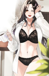 Rule 34 | 1girl, bra, breasts, brown hair, cleavage, collared shirt, dress shirt, gradient hair, grey hair, highres, large breasts, long hair, long sleeves, looking at viewer, mole, mole on neck, multicolored hair, navel, nekotokage, nijisanji, open clothes, open mouth, open shirt, orange eyes, panties, shirayuki tomoe, shirt, smile, solo, unbuttoned, unbuttoned shirt, underwear, virtual youtuber, waking up, white shirt