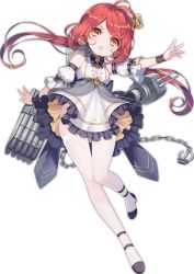 Rule 34 | 1girl, 6 yin, antenna hair, arm up, artist request, azur lane, breasts, cannon, chain, cleavage, crown, eyelashes, full body, hair ornament, jersey (azur lane), knees together feet apart, leg up, long hair, looking at viewer, official art, open mouth, red hair, sleeveless, small breasts, solo, thighhighs, torpedo tubes, transparent background, twintails, white thighhighs, yellow eyes