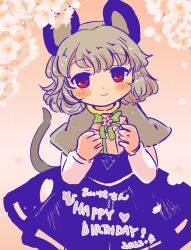 Rule 34 | 1girl, animal ears, black dress, box, capelet, closed mouth, commentary request, dress, gift, gift box, grey capelet, grey hair, highres, holding, holding gift, long sleeves, looking at viewer, mouse ears, mouse girl, mouse tail, nazrin, pink background, red eyes, rin tarou, short hair, smile, solo, tail, touhou
