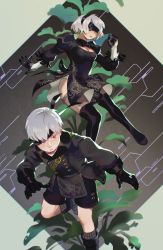 Rule 34 | 1boy, 1girl, absurdres, black thighhighs, blindfold, breasts, chiou!, cleavage, covered eyes, dress, highres, leaf, nier:automata, nier (series), red eyes, short hair, thighhighs, white hair, 2b (nier:automata), 9s (nier:automata)