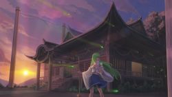 Rule 34 | 1girl, architecture, bamboo broom, blue skirt, blunt bangs, breasts, broom, bush, closed mouth, cloud, detached sleeves, east asian architecture, floating hair, forest, frog hair ornament, glowing, grass, green hair, hair ornament, hair tubes, highres, holding, holding broom, kochiya sanae, legs apart, light particles, long hair, looking back, miniskirt, mountain, nature, navel, onbashira, outdoors, pleated skirt, railing, rope, sarashi, sarena, shimenawa, shrine, skirt, sky, snake hair ornament, solo, stairs, standing, star (symbol), sun, sunlight, sunrise, temple, touhou, tree, twilight, veranda, very long hair, wind
