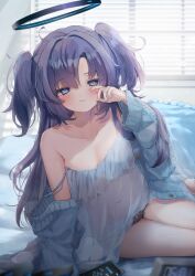 Rule 34 | 1girl, black shorts, blue archive, blue camisole, blush, breasts, camisole, clock, closed mouth, collarbone, digital clock, dolphin shorts, halo, highres, indoors, long hair, looking at viewer, mechanical halo, medium breasts, purple eyes, purple hair, seven-segment display, shorts, sitting, solo, touko 56, two side up, yuuka (blue archive)