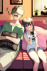 Rule 34 | 1boy, 1girl, black hair, blue shorts, blush, breasts, brown eyes, cellphone, closed mouth, clothes writing, collarbone, commentary request, couch, day, drooling, english text, engrish text, fangs, feet out of frame, green shirt, hair between eyes, highres, holding, holding phone, hugging object, indoors, leaning on person, leaning to the side, long hair, medium breasts, minamura haruki, mouth drool, nose blush, on couch, open mouth, original, phone, phone with ears, pillow, pillow hug, ranguage, shirt, short sleeves, shorts, sitting, sleeping, sleeping on person, sleeping upright, twintails, white shorts, window