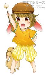 Rule 34 | 1girl, aged down, animal, animal ears, arm up, artist name, bad id, bad pixiv id, barefoot, berry jou, buck teeth, chibi, dango, flat cap, floppy ears, food, full body, hat, light brown hair, looking at viewer, open mouth, orange shirt, rabbit, rabbit ears, red eyes, ringo (touhou), shirt, short hair, short sleeves, shorts, simple background, skewer, solo, striped, teeth, text focus, touhou, wagashi, white background