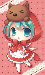 Rule 34 | &gt; &lt;, 1girl, bow, chibi, closed eyes, cosplay, green eyes, green hair, hatsune miku, little red riding hood, little red riding hood (grimm), little red riding hood (grimm) (cosplay), matching hair/eyes, mikuzukin (module), pantyhose, project diva, project diva (series), project diva 2nd, solo, vocaloid, wolf, yui, yui (planetoid 11)