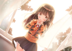 Rule 34 | 1girl, animal print, black skirt, brown eyes, brown hair, covering own mouth, curtains, hand to own mouth, highres, ifnil, jacket, long hair, original, school uniform, shirt, skirt, solo, tears, tiger print, tree, white shirt, wind, wind lift, window, zipper