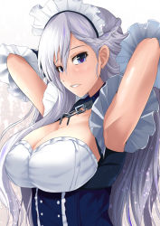 Rule 34 | 1girl, armpits, arms behind head, arms up, azur lane, bad id, bad pixiv id, belfast (azur lane), blue eyes, blush, braid, breasts, cleavage, commentary request, detached sleeves, eyelashes, french braid, hair between eyes, highres, kanzaki kureha, large breasts, long hair, looking at viewer, maid, maid headdress, parted lips, silver hair, solo, upper body