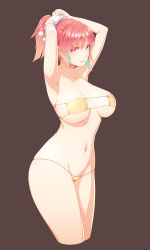 Rule 34 | 1girl, arms behind head, bikini, bracelet, breasts, brown background, cleavage, coach doa, cowboy shot, dead or alive, gloves, hair between eyes, highres, honoka (doa), jewelry, large breasts, long hair, looking at viewer, navel, parted lips, pink hair, ponytail, red eyes, revealing clothes, single glove, smile, solo, strapless, strapless bikini, swimsuit, thighs, white gloves, yellow bikini