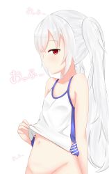 Rule 34 | 1girl, absurdres, azur lane, bare arms, bare shoulders, blush, breasts, camisole, camisole lift, closed mouth, clothes lift, collarbone, commentary request, groin, hair between eyes, highres, laffey (azur lane), lifting own clothes, long hair, looking at viewer, looking to the side, navel, out-of-frame censoring, profile, red eyes, sidelocks, silver hair, simple background, small breasts, solo, stomach, translation request, twintails, very long hair, white background, white camisole, yuujoduelist