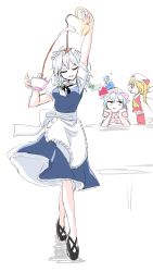 Rule 34 | 4girls, :d, absurdres, apron, arm up, ascot, black footwear, black ribbon, blue bow, blue dress, blue hair, bow, braid, breasts, cirno, closed eyes, commentary request, cross-laced footwear, cup, dress, facing viewer, failure, flandre scarlet, frilled apron, frills, from side, full body, green bow, hair bow, hands up, hat, hat ribbon, head rest, head tilt, highres, holding, holding cup, holding teapot, ice, ice wings, izayoi sakuya, jitome, looking up, maid, maid headdress, medium breasts, mob cap, multiple girls, neck ribbon, one side up, open mouth, paruna maipiku, petticoat, pinafore dress, pink dress, pink headwear, profile, puffy short sleeves, puffy sleeves, red eyes, red ribbon, red skirt, red vest, remilia scarlet, ribbon, shadow, shirt, shoes, short hair, short sleeves, silver hair, simple background, sketch, skirt, skirt set, sleeveless dress, smile, standing, teacup, teapot, touhou, twin braids, upper body, vest, waist apron, white apron, white background, white headwear, white shirt, wings, yellow neckwear, you&#039;re doing it wrong