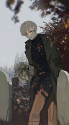 Rule 34 | 1boy, autumn leaves, black pants, black sclera, black shirt, bouquet, colored sclera, flower, graveyard, hand in pocket, highres, holding, holding bouquet, k00s, kaneki ken, leaning forward, looking at viewer, male focus, pants, parted lips, red eyes, shirt, smile, solo, tokyo ghoul, tree, white flower, white hair
