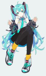 Rule 34 | 1girl, ahoge, black pantyhose, blue eyes, blue hair, closed mouth, collared shirt, full body, grey background, grey footwear, grey jacket, grey shirt, hatsune miku, highres, jacket, long hair, long sleeves, looking at viewer, necktie, off-shoulder jacket, off shoulder, pantyhose, pigeon-toed, shirt, shoes, simple background, sleeveless, sleeveless shirt, sneakers, socks, sogawa, solo, twintails, very long hair, vocaloid, wing collar, yellow socks