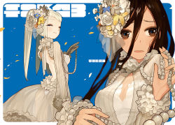 Rule 34 | 2girls, backless dress, backless outfit, bad id, bad pixiv id, bare back, black hair, blue eyes, breasts, brown eyes, cleavage, covered erect nipples, dress, flower, frills, gem, hair flower, hair ornament, long hair, medium breasts, multiple girls, original, pearl (gemstone), see-through, small breasts, wada arco, white hair
