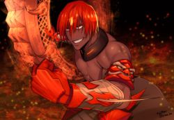 Rule 34 | 1boy, arima (arima bn), armor, ashwatthama (fate), black background, clenched hand, cowboy shot, dark skin, dark-skinned male, fate/grand order, fate (series), gloves, grin, highres, holding, holding weapon, looking away, male focus, muscular, red gloves, red hair, sharp teeth, topless male, smile, solo, teeth, weapon, yellow eyes