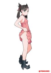 Rule 34 | 1girl, asymmetrical bangs, black footwear, black hair, choker, closed mouth, clothes lift, commentary, creatures (company), dress, dress lift, english commentary, from side, full body, game freak, hair ribbon, highres, looking at viewer, marnie (pokemon), nintendo, pink dress, pokemon, pokemon swsh, ribbon, simple background, sleeveless, sleeveless dress, solo, standing, tenguro, twintails, white background