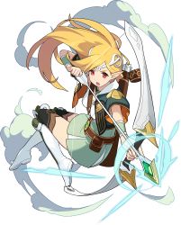Rule 34 | 1girl, aqua jacket, arm up, arrow (projectile), artist request, aura, belt, blonde hair, blush, boots, bow (weapon), breasts, brown thighhighs, choker, cropped jacket, crystal, female focus, from behind, full body, gem, green choker, green gemstone, green skirt, high-waist skirt, highres, holding, holding arrow, holding bow (weapon), holding weapon, jacket, jumping, knee boots, knees together feet apart, light blush, long hair, looking at viewer, looking back, melsele (world flipper), miniskirt, non-web source, official art, open clothes, open jacket, open mouth, outstretched arm, pointy ears, pouch, quiver, red eyes, shirt, short sleeves, sidelocks, simple background, skirt, sleeveless, sleeveless shirt, small breasts, smoke, solo, sweatband, teeth, thighhighs, tiara, transparent background, v-shaped eyebrows, weapon, white footwear, white headwear, white shirt, wide sleeves, world flipper, zettai ryouiki
