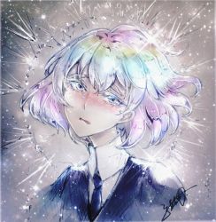 Rule 34 | 1other, androgynous, backlighting, black necktie, blonde hair, blue eyes, blue necktie, blush, collared shirt, commentary request, diamond (houseki no kuni), floating hair, frown, glowing, glowing hair, gradient background, gradient eyes, gradient hair, hair between eyes, head tilt, houseki no kuni, jacket, kyogoku-uru, looking at viewer, multicolored eyes, multicolored hair, necktie, nose blush, open mouth, pink hair, shirt, short eyebrows, solo, sparkle, suit jacket, teardrop, tears, wavy mouth, white hair, white shirt