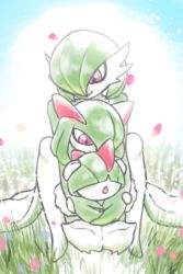 Rule 34 | 1other, 2girls, bangs, blue flower, blue sky, blunt bangs, blush, bob cut, bowl cut, closed mouth, colored skin, covered eyes, creatures (company), day, evolutionary line, flower, full body, game freak, gardevoir, gen 3 pokemon, gerusyu, grass, green hair, green skin, hair over eyes, hair over one eye, hands on another&#039;s head, hands up, happy, highres, hug, hug from behind, kirlia, knees up, light blush, looking at another, looking down, multicolored skin, multiple girls, nintendo, on ground, one eye covered, open mouth, outdoors, own hands together, petals, pokemon, pokemon (creature), ralts, red eyes, red flower, shiny, shiny hair, short hair, sidelocks, sitting, sky, smile, two-tone skin, v arms, white skin
