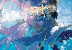Rule 34 | 1boy, 1girl, bare shoulders, black hair, blonde hair, bubble, coat, couple, detached sleeves, dress, epaulettes, closed eyes, from behind, gloves, hand on another&#039;s face, hetero, long hair, original, reflection, ripples, short hair, tanjiu, underwater, white gloves