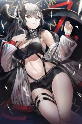 Rule 34 | 1girl, absurdres, animal ears, arknights, bare shoulders, black scarf, black shorts, breasts, bullet, cat ears, cat tail, commentary request, crop top, groin, highres, huge filesize, long hair, long sleeves, looking at viewer, medium breasts, micro shorts, midriff, navel, off shoulder, parted lips, partial commentary, scarf, schwarz (arknights), shorts, silver hair, solo, stomach, tail, thigh strap, thighs, yellow eyes, you-6-11