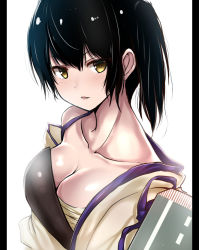Rule 34 | 10s, 1girl, arm guards, bad id, bad pixiv id, black hair, blush, breasts, brown eyes, cleavage, collarbone, japanese clothes, kaga (kancolle), kantai collection, kimono, large breasts, light smile, looking at viewer, muneate, off shoulder, open clothes, open kimono, parted lips, pillarboxed, sarashi, short hair, side ponytail, solo, tai (nazutai), upper body