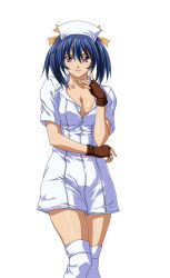 Rule 34 | 00s, 1girl, bashoku youjou, blue hair, breasts, cleavage, dress, female focus, hair ribbon, highres, ikkitousen, large breasts, legs, looking at viewer, nurse, purple eyes, ribbon, short twintails, simple background, smile, solo, standing, twintails, white background