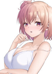 Rule 34 | 1girl, akane (tgixb), arm under breasts, breasts, cleavage, collarbone, dress, hair bun, hand up, large breasts, looking at viewer, parted lips, pink hair, short hair, single hair bun, single side bun, sleeveless, sleeveless dress, solo, teeth, upper teeth only, white dress, yahari ore no seishun lovecome wa machigatteiru., yuigahama yui