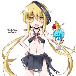 Rule 34 | 1girl, bikini, blonde hair, blush stickers, cosplay, cup, drink, drinking glass, drinking straw, flower, flower ornament, hair ornament, halo, hand on own hip, headgear, kantai collection, long hair, looking at viewer, low twintails, mechanical halo, navel, open mouth, outstretched arm, satsuki (kancolle), simple background, skirt, smile, solo, swimsuit, tatsuta (kancolle), tatsuta (kancolle) (cosplay), twintails, twitter username, white background, yamaguchi shinnosuke, yellow eyes