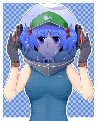 Rule 34 | 1girl, blue eyes, blue hair, blue one-piece swimsuit, breasts, breasts apart, checkered background, female focus, gloves, hair bobbles, hair ornament, helmet, honeycomb pattern, iko (kingreia), kawashiro nitori, kingreia, matching hair/eyes, medium breasts, name tag, one-piece swimsuit, print swimsuit, solo, swimsuit, touhou, twintails, two side up, upper body