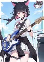 Rule 34 | 1girl, absurdres, amplifier, animal ears, bass guitar, belt, black choker, black hair, black jacket, black mask, blue archive, blue sky, blush, breasts, cat ears, choker, clothes around waist, colored inner hair, commentary request, cowboy shot, day, earclip, earrings, extra ears, hair ornament, hairclip, halo, highres, hokori sakuni, holding, holding instrument, instrument, jacket, jacket around waist, jewelry, kazusa (band) (blue archive), kazusa (blue archive), looking at viewer, mask, mask around neck, medium breasts, microphone stand, mouth mask, multicolored hair, music, official alternate costume, open mouth, outdoors, pink eyes, pink hair, pink halo, playing instrument, pleated skirt, shirt, short hair, short sleeves, skirt, sky, solo, stud earrings, thigh belt, thigh strap, white shirt, white skirt, wristband