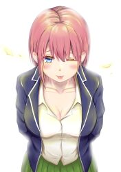 Rule 34 | 1girl, ;p, absurdres, arms behind back, black jacket, blazer, blue eyes, breasts, cleavage, collarbone, collared shirt, cowboy shot, falling leaves, freesia (yueyueycw1), go-toubun no hanayome, green skirt, hair between eyes, highres, jacket, large breasts, leaf, long sleeves, looking at viewer, miniskirt, nakano ichika, one eye closed, open clothes, open jacket, pink hair, pleated skirt, school uniform, shirt, short hair, skirt, smile, solo, tongue, tongue out, white background, white shirt