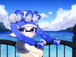 Rule 34 | 1girl, blue eyes, blue hair, blue sky, braid, closed mouth, cloud, commentary request, fence, head wreath, highres, horizon, inkling, inkling girl, inkling player character, long hair, looking at viewer, looking back, nintendo, outdoors, pointy ears, sky, smile, solo, splatoon (series), splatoon 3, tentacle hair, tonbofree, twin braids, upper body, water