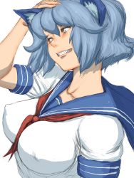 Rule 34 | 1girl, animal ears, blue hair, blush, breasts, cat ears, covered erect nipples, fangs, fumio (rsqkr), grin, hand on own head, large breasts, school uniform, serafuku, short hair, sketch, smile, solo, yellow eyes