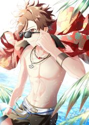 Rule 34 | 1boy, absurdres, black male swimwear, brown hair, ensemble stars!, highres, jewelry, kindo, male swimwear, morisawa chiaki, muscular, muscular male, navel, necklace, red eyes, red shirt, shirt, short hair, solo, sunglasses, topless male, water drop