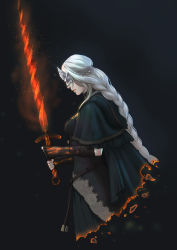 Rule 34 | 1girl, absurdres, black background, breasts, burning, capelet, chuxin de mao, dark souls (series), dark souls iii, fire keeper, from software, highres, long hair, solo, sword, weapon, white hair