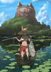 Rule 34 | 1girl, animal ears, armlet, arowana, bad id, bad pixiv id, bag, bikini, blonde hair, blue eyes, bracelet, braid, breasts, catfish, cloud, day, facial mark, fish, fishing rod, food, fruit, hair between eyes, hat, highres, jewelry, large breasts, lily pad, looking at viewer, mountain, navel, necklace, nucomas, original, outdoors, short hair, sidelocks, sky, smile, solo, standing, strawberry, swimsuit, tail, teepee, wading, water