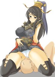 Rule 34 | 1girl, bad id, bad pixiv id, black hair, blue eyes, blush, breasts, clothes lift, girl on top, huge breasts, momio, oui (character), panties, sangokushi taisen, simple background, sitting, sitting on face, sitting on person, skirt, skirt lift, solo focus, swept bangs, thighhighs, underwear, upskirt, white background, white panties