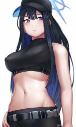 Rule 34 | 1girl, bare arms, bare shoulders, baseball cap, belt, black belt, black hair, black hat, black shirt, blue archive, blue eyes, blue hair, breasts, colored inner hair, commentary, covered erect nipples, crop top, hat, highres, large breasts, long hair, looking at viewer, melforne, midriff, multicolored hair, navel, saori (blue archive), shirt, simple background, sleeveless, sleeveless shirt, solo, stomach, upper body, very long hair, white background