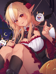 Rule 34 | 1girl, :p, absurdres, alternate costume, alternate hairstyle, black bow, black bowtie, black dress, black socks, blonde hair, blush, bow, bowtie, breasts, cleavage, cleavage cutout, clothing cutout, commentary, cup, dark-skinned female, dark skin, dress, elf, elfriend (shiranui flare), english commentary, fang, flower, gothic lolita, hair flower, hair ornament, hairband, halloween, highres, holding, holding cup, hololive, hood, hood up, large breasts, lolita fashion, lolita hairband, long hair, looking at viewer, multicolored hair, orange eyes, pointy ears, red flower, red rose, rose, shiranui flare, sidelocks, smile, socks, solo, spilling, streaked hair, tang-du, teacup, tongue, tongue out, v-shaped eyebrows, virtual youtuber
