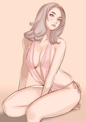 Rule 34 | 1girl, absurdres, breasts, cleavage, covered erect nipples, curly hair, dytm, grey eyes, grey hair, highres, lips, long hair, looking at viewer, medium breasts, one-piece swimsuit, original, parted lips, pink theme, see-through, side-tie swimsuit, sitting, swimsuit