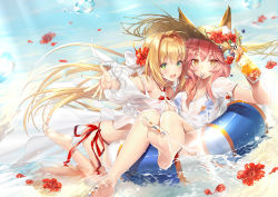 Rule 34 | 2girls, :d, ahoge, animal ear fluff, animal ears, bad feet, bikini, bikini under clothes, blonde hair, blue bikini, blush, breasts, cleavage, criss-cross halter, cup, day, earrings, ears through headwear, fate/grand order, fate (series), flower, fox ears, fox tail, green eyes, hair intakes, halterneck, hat, hibiscus, holding, holding cup, innertube, jewelry, kagachi saku, large breasts, long hair, looking at viewer, mouth hold, multicolored nails, multiple girls, nail polish, nero claudius (fate), nero claudius (fate) (all), nero claudius (swimsuit caster) (fate), nero claudius (swimsuit caster) (third ascension) (fate), open mouth, outdoors, pink hair, side-tie bikini bottom, smile, straw hat, striped bikini, striped clothes, sun hat, swim ring, swimsuit, tail, tamamo (fate), tamamo no mae (fate/extra), tamamo no mae (swimsuit lancer) (fate), tamamo no mae (swimsuit lancer) (second ascension) (fate), toenail polish, toenails, tropical drink, twintails, utensil in mouth, wet, yellow eyes
