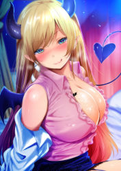 Rule 34 | 1girl, :q, aqua eyes, bad id, bad twitter id, bare shoulders, blonde hair, blue eyes, blush, breasts, cleavage, collarbone, demon girl, demon horns, demon tail, demon wings, fumihiko (fu mihi ko), head tilt, highres, hololive, horns, lab coat, large breasts, long hair, looking at viewer, on bed, pink shirt, pointy ears, shirt, sitting, sleeveless, sleeveless shirt, smile, solo, sweat, tail, tongue, tongue out, undressing, virtual youtuber, wings, yuzuki choco, yuzuki choco (1st costume)